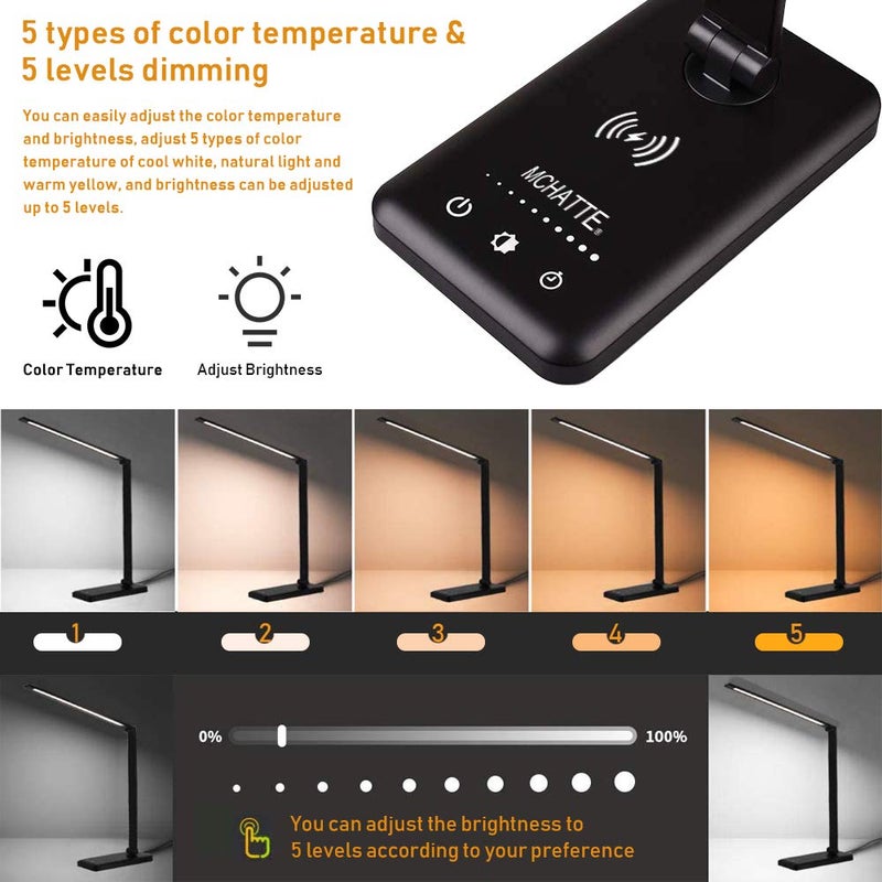 MCHATTE LED Desk Lamp with Wireless Charger, USB Charging Port, Dimmable Eye-Caring Desk Light with 5 Brightness Levels & 5 Lighting Modes, Touch Control, Auto Timer (Black) - Image 4
